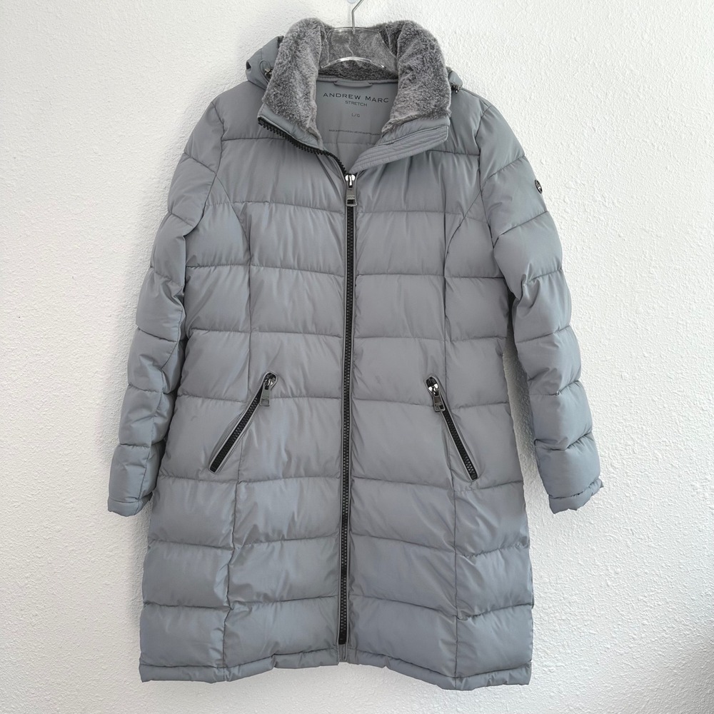 Andrew Marc Puffer Parka Jacket Womens Large Gray‎ Faux Fur Hooded Full Zip